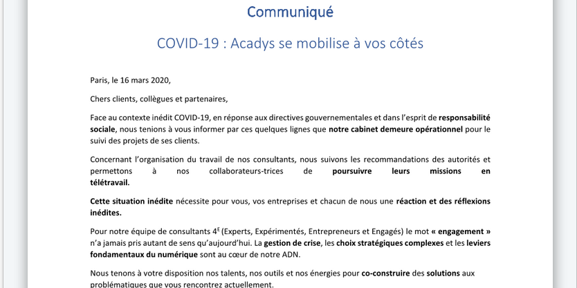 Communiqué COVID 19 – Acadys